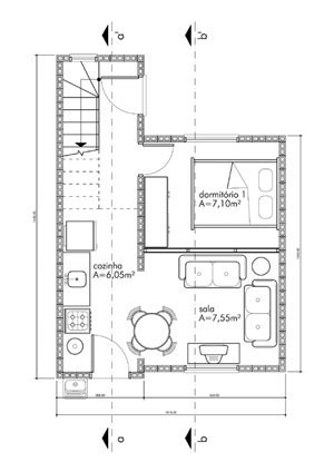 Planta baixa térreo: cozinha, circulação, quarto e sala<br />Imagem dos autores do projeto 