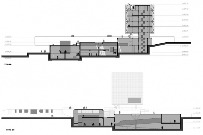 Concurso Internacional para Projeto Arquitetônico do Museu Exploratório de Ciências da Unicamp, cortes, menção honrosa. Arquitetos Fábio Boretti, Bernardo Telles e Luis Alexandre Pereira Pinto, 2009<br />Desenhos equipe 