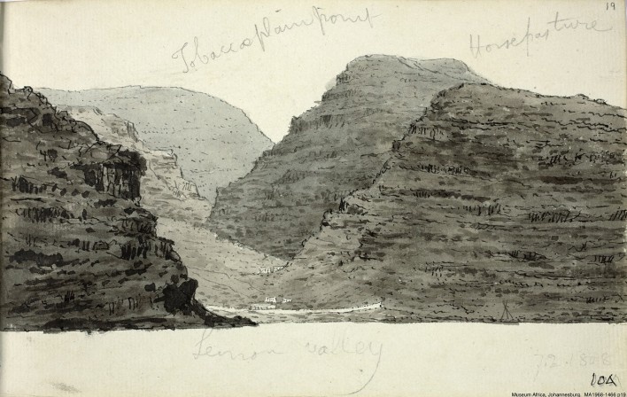 Ilha de St. Helena, Lemon Valley, local de tabaco puro, Horsepasture, aguada e bico de pena, 1808<br />William John Burchell  [Collection Museum Africa, Johannesburg]