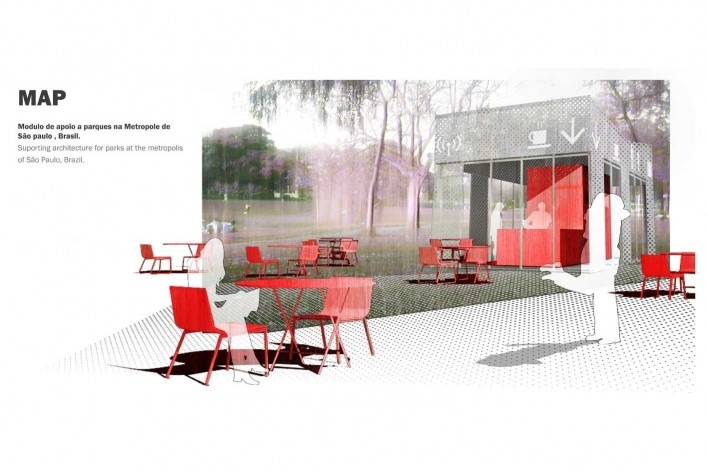 Projeto de quiosque para parques públicos de São Paulo. perspectiva externa.Pedro Varella, Amanda Arcuri. Menção honrosa categoria estudantes, 2009.
