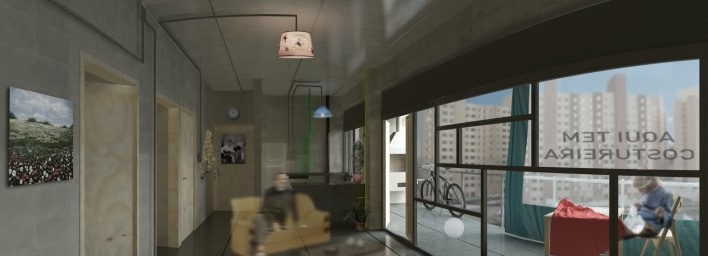 Perspectiva interna. Concurso Habitação para Todos. CDHU. Edifícios de 6/7 pavimentos - 2º Lugar. <br />Autores do projeto  [equipe premiada]