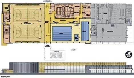 Edifício Esportivo. Planta e elevação<br />Imagem dos autores do projeto 