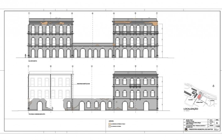 Arquiteto Ney Caldatto, Museu Pelé. Santos, 2014. Levantamento. Situação anterior à obra. Elevações frontal e posterior 
