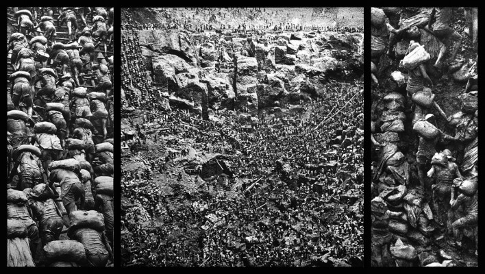 “O inferno de Bosch segundo Sebastião Salgado”, tríptico 1, fragmentos da exposição fotográfica “Gold – Mina de Ouro Serra Pelada”<br />Fotomontagem de Abilio Guerra 