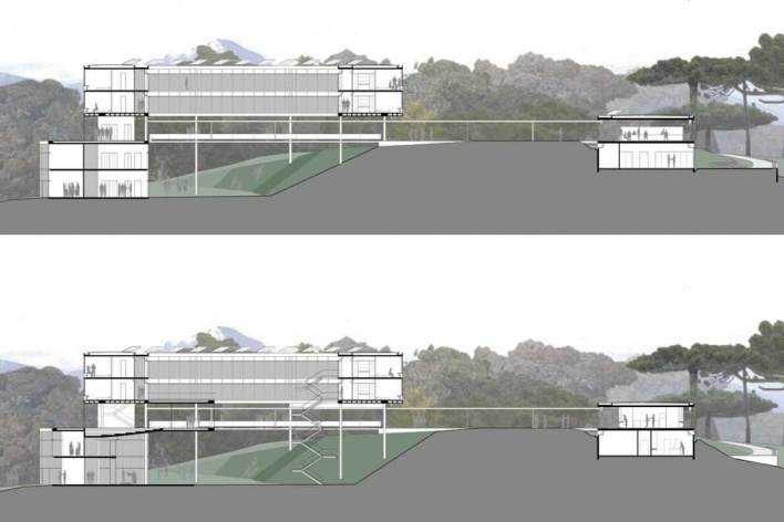 Alojamento em Campos do Jordão, cortes longitudinais, Campos do Jordão. MMBB Arquitetos, 2009<br />Desenho escritório 