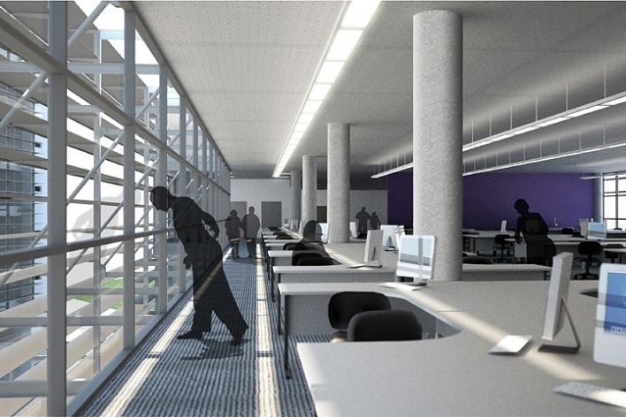 Centro de Referência em Empreendedorismo do Sebrae-MG, área de trabalho, 2º lugar. Arquiteto Francisco Spadoni, 2008<br />Desenho escritório 