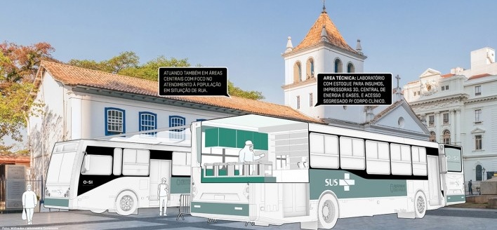 Ônibus de Saúde Imediata – O-SI. Arquitetos Andre Enrico Cassettari Zanolla, Antonio Roberto Zanolla, Rennan Carlos, Amanda Cunha (autores) / Democratic Architects<br />Imagem divulgação/ disclosure image  [Democratic Architects]