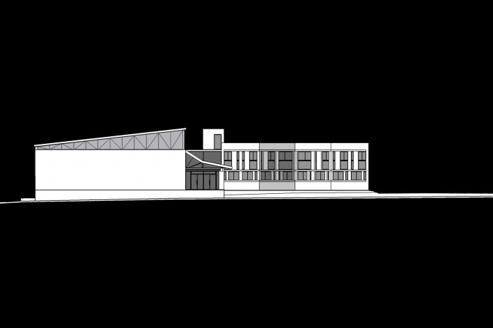 Cootrapar – cooperativa de trabajadores de aceros del Paraguay. Fachada interior. Arq. Luis Alberto Elgue y Arq. Cynthia Solis Patri. Villa Hayes, Paraguay. 2007 – 2008.