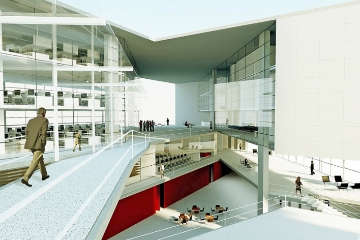 Centro de Referência em Empreendedorismo do Sebrae-MG, perspectiva interna, menção honrosa. Arquitetos Danilo Ribeiro Cardoso Terra, Juliana Assali Terra e Pedro Tuma, 2008<br />Desenho escritório 