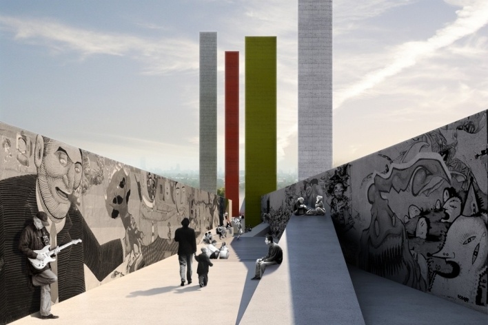 Vista do eixo de circulação<br />Imagem equipe premiada  [FARO de Satélite, 2008]