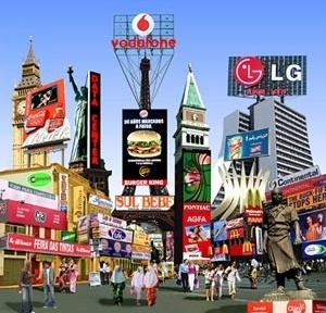Figura 6. A Versão Contemporânea da Torre de Babel. Fotomontagem que ilustra o que poderá acontecer se o problema da poluição visual não for controlado. Os prédios e os símbolos das cidades passarao a ser meros suportes para os anúncios e os outdoors [montagem feita pela autora para a capa de sua tese de doutorado]