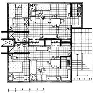 Edifício Multifamiliar Miguel Alemán, planta alta, edifício baixo, Depto E [Graciela de Garay, “Mario Pani, vida e obra”. 2004]