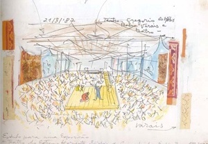 Teatro Gregório de Mattos. Croquis de Lina Bo Bardi - estudo para uma exposição. [FERRAZ, Marcelo Carvalho (coord). Lina Bo Bardi. São Paulo, Instituto Lina Bo e P. M. Bard]