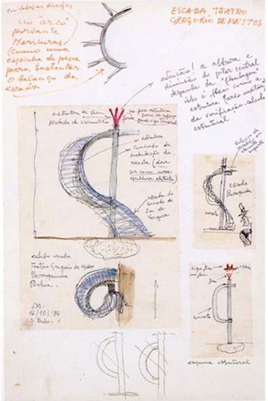 Teatro Gregório de Mattos. Croquis de Lina Bo Bardi - estudo para escada [FERRAZ, Marcelo Carvalho (coord). Lina Bo Bardi. São Paulo, Instituto Lina Bo e P. M. Bard]
