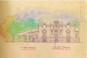 Teatro Polytheama. Croquis de Lina Bo Bardi - elevação Rua Barão de Jundiaí. [FERRAZ, Marcelo Carvalho (coord). Lina Bo Bardi. São Paulo, Instituto Lina Bo e P. M. Bard]