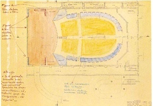 Teatro Polytheama. Croquis de Lina Bo Bardi - planta do pavimento térreo [FERRAZ, Marcelo Carvalho (coord). Lina Bo Bardi. São Paulo, Instituto Lina Bo e P. M. Bard]