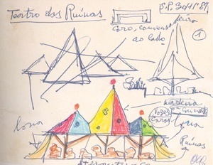 Teatro das Ruínas. Croquis de Lina Bo Bardi - estudos [FERRAZ, Marcelo Carvalho (coord). Lina Bo Bardi. São Paulo, Instituto Lina Bo e P. M. Bard]