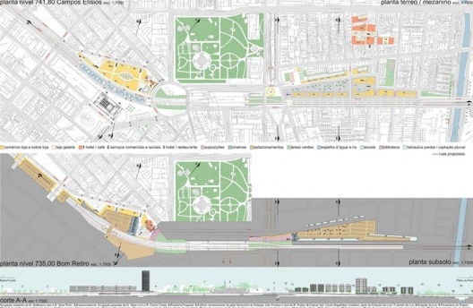 Projeto: Reordenação Urbana do Eixo Ferroviário – São Cristóvão. Planta térrea, Planta subsolo e Corte A-A