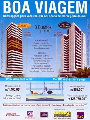 Figura 09 – Peça promocional de edifícios no bairro Setúbal. Edifício Castelo Cheverny e Edifício Castelo de Blois, publicidade. JPM Construções [ADEMI Imóveis, edição 16, agosto, 2004, ADEMI-PE]