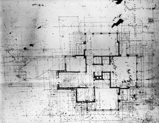 Emil Bach House, planta segundo pavimento, oeste e oeste, North Sheridan Road, Chicago, Estados Unidos, 1915. Arquiteto Frank Lloyd Wright<br />Desenho original  [Library of Congress / U.S. Government]