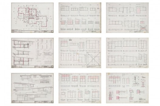 Exposição Território de Contato, Marcos Acayaba, painel com desenho executivo de residências (parte 2)<br />Painel de Estudio Campo 