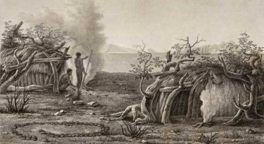 Ilustração de casas aborígenes australianas de autoria de Peron Francois datada de 1807<br />Acervo Sovereign Union 