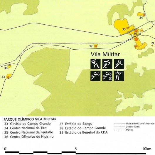 Parque Olímpico Vila Militar, detalhe, mapa geral das instalações olímpicas na candidatura Rio 2004<br />Imagem divulgação  [Rio 2004, Rio de Janeiro candidate to host the XXVIII Olympic Games in 2004, v.2, 1996]