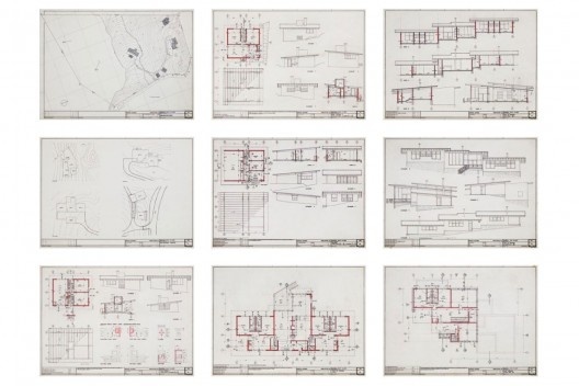 Exposição Território de Contato, Marcos Acayaba, painel com desenho executivo de residências (parte 1)<br />Painel de Estudio Campo 