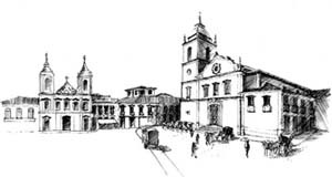 Largo da Sé, Igrejas de São Pedro da Pedra e antiga Catedral da Sé pouco antes da demolição. Desenho inspirado em foto de Militão Augusto de Azevedo, 1907 [LIPAI, Alexandre Emílio, Arquitetura: interações homem/ambiente]