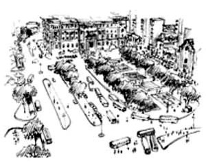 Praça Clóvis Bevilacqua implantada como terminal central de ônibus urbanos. Desenho mostra ao fundo o Palácio da Justiça, por volta de 1960