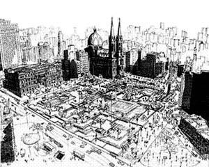 Perspectiva geral da nova Praça da Sé (inaugurada em 1978), desenho baseado em foto tomada por volta de 1980