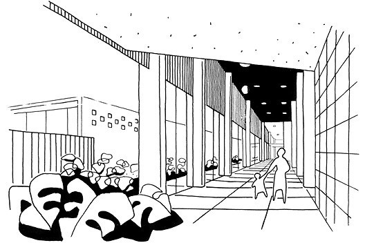 Perspectiva interna da galeria de ligação dos blocos A e B, publicado no portfólio de vendas da época [Arquivo pessoal do sr. Roberto Dias Leal]