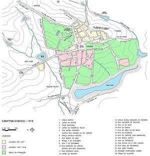 Mapa de Campina Grande, 1918. Desenhado a partir de mapa exposto no Museu Histórico de Campina Grande [Elaborado pela Secretaria Municipal de Educação e Cultura]