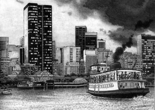 A chegada das barcas na Praça Quinze do Centro do Rio, desenho de Jano