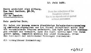Figura 22 - Carta de Walter Gropius a Alexander Altberg, 12 de Julho de 1935 [Gropius Archives, Houghton Library of the Harvard College Library]