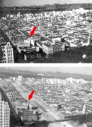 Figura 31 – Projeto para o Edifício-Sede do Montepio dos Empregados Municipais do Distrito Federal. Rio de Janeiro, 1935. Arquiteto Alexander Altberg. Fonte: Coleção Alexandre AltbergO centro do Rio antes da Av. Pres. Vargas, e durante as obras de demoliç [Arquivo Geral da Cidade do Rio de Janeiro. Retirado de: BRITTO]
