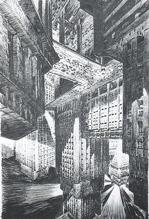 Evocação retrospectiva do cenário do filme Metrópolis, de Fritz Lang, 1929. Autor: Otto Hunte