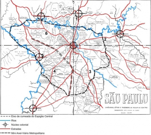 Mapa 2: A cidade na rede colonial. Desenho sobre São Paulo - Chácaras, sítios e Fazendas, ao redor do Centro (desaparecidos com o crescer da cidade) de Odilon Nogueira de Matos [Em TOLEDO, Benedito Lima de. Prestes Maia e as Origens do Uranismo Moderno em São Paulo. E]