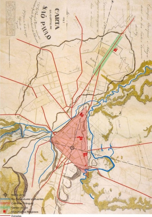 Mapa 3: A cidade colonial. Desenho sobre Carta da Capital de São Paulo de José Jacques da Costa Ourique, 1842 [Em TOLEDO, Benedito Lima de. Prestes Maia e as Origens do Uranismo Moderno em São Paulo. E]