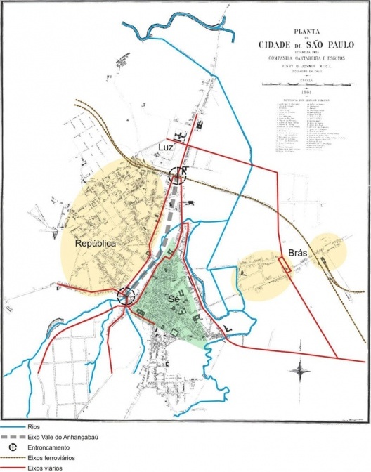 Mapa 4: A cidade colonial e a estrada de ferro. Desenho sobre Planta de São Paulo por Henry B. Joyner. Companhia Cantareira e Esgotos, 1881 [Em TOLEDO, Benedito Lima de. Prestes Maia e as Origens do Uranismo Moderno em São Paulo. E]