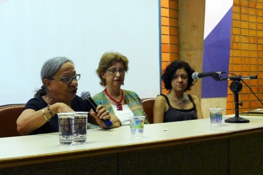 Mirthes Baffi, ao lado de Ruth Verde Zein e Karen Menatti, na fala final da sessão de encerramento do evento, Encontro Núcleo Docomomo-SP 2015<br />Foto André Marques 