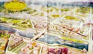 A nova Ponte Grande e o conjunto de estações reunidas ao norte do rio Tietê<br />Aquarela de Prestes Maia  [TOLEDO, Benedito L. de. Prestes Maia e as origens do urbanismo moderno em São Paulo]