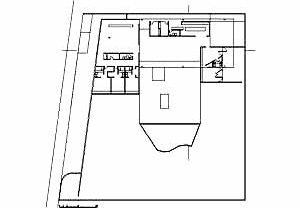 Planta da Residência James King, arquiteto Paulo Mendes da Rocha, 1980. Na planta percebe-se a organização em áreas distintas, tendo a grande sala como elemento de ligação<br />Desenho Ruth Verde Zein 