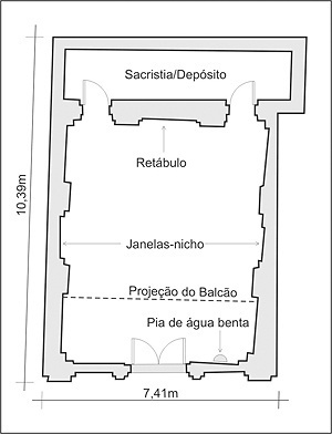 Fig. 8 - Planta baixa da Capela Pombo. Em adaptado de BRAGA, Ana Cristina Lopes. Arquitetura em Belém no século XVIII: As obras de Antonio Landi. 1998. 139 f. Dissertação (Mestrado em Arquitetura). São Carlos, Escola de Engenharia de São Carlos da Univers
