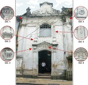 Fig. 11 - Fachada da Capela Pombo e detalhes dos elementos decorativos [Domingos Oliveira, 2007]
