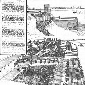 Perspectivas de setores do Parque España e do mirante que une o parque à quadrícula [Revista bio, marzo 1988, Rosario]