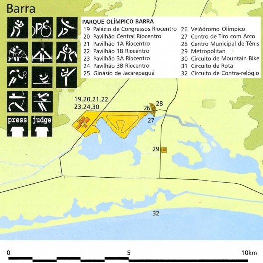 Parque Olímpico Barra , detalhe, mapa geral das instalações olímpicas na candidatura Rio 2004<br />Imagem divulgação  [Rio 2004, Rio de Janeiro candidate to host the XXVIII Olympic Games in 2004, v.2, 1996]