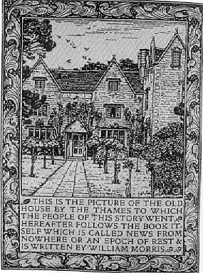 Frontispício da edição inglesa de Notícias de lugar algum, de William Morris, 1891. O ideal de desadensamento é apresentado como solução ao congestionamento da cidade industrial