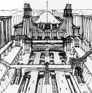 Estudo para "A cidade futurista" (projeto para aeroporto e estação ferroviária em Milão), de Antonio Sant’Elia, 1914. O avião foi um elemento freqüente das figurações da cidade futurista italiana [Borsi, 1997: 120]
