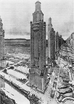 Projeto de "Avenida das casas-torre" de Auguste Perret, ligando Paris a Saint-Germain-en-Laye, 1922 [Evenson, 1979: 183]